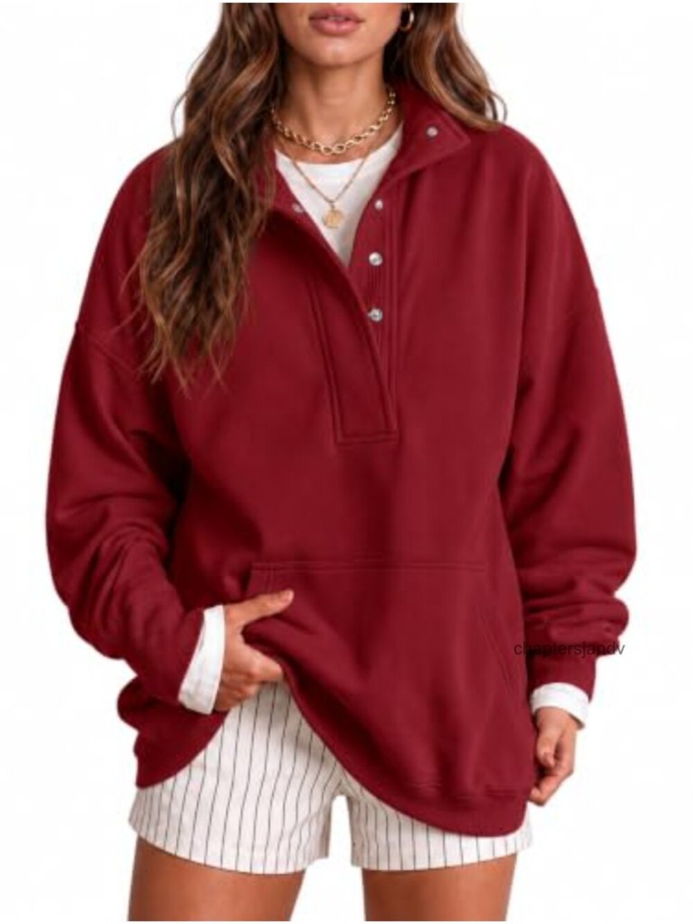 Oversized Henley Neck Sweatshirt Women Snap Button Pullover Fleece